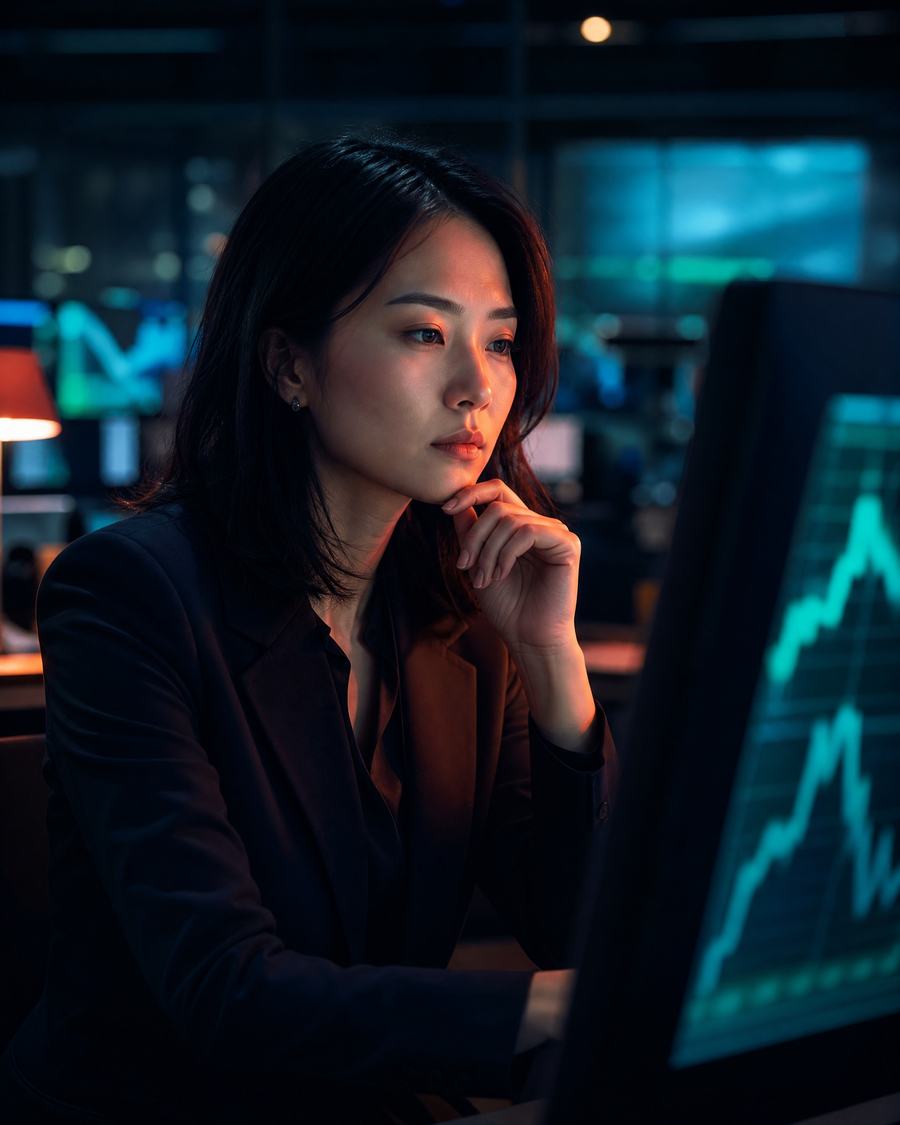 A business editor checks a chart on her screen